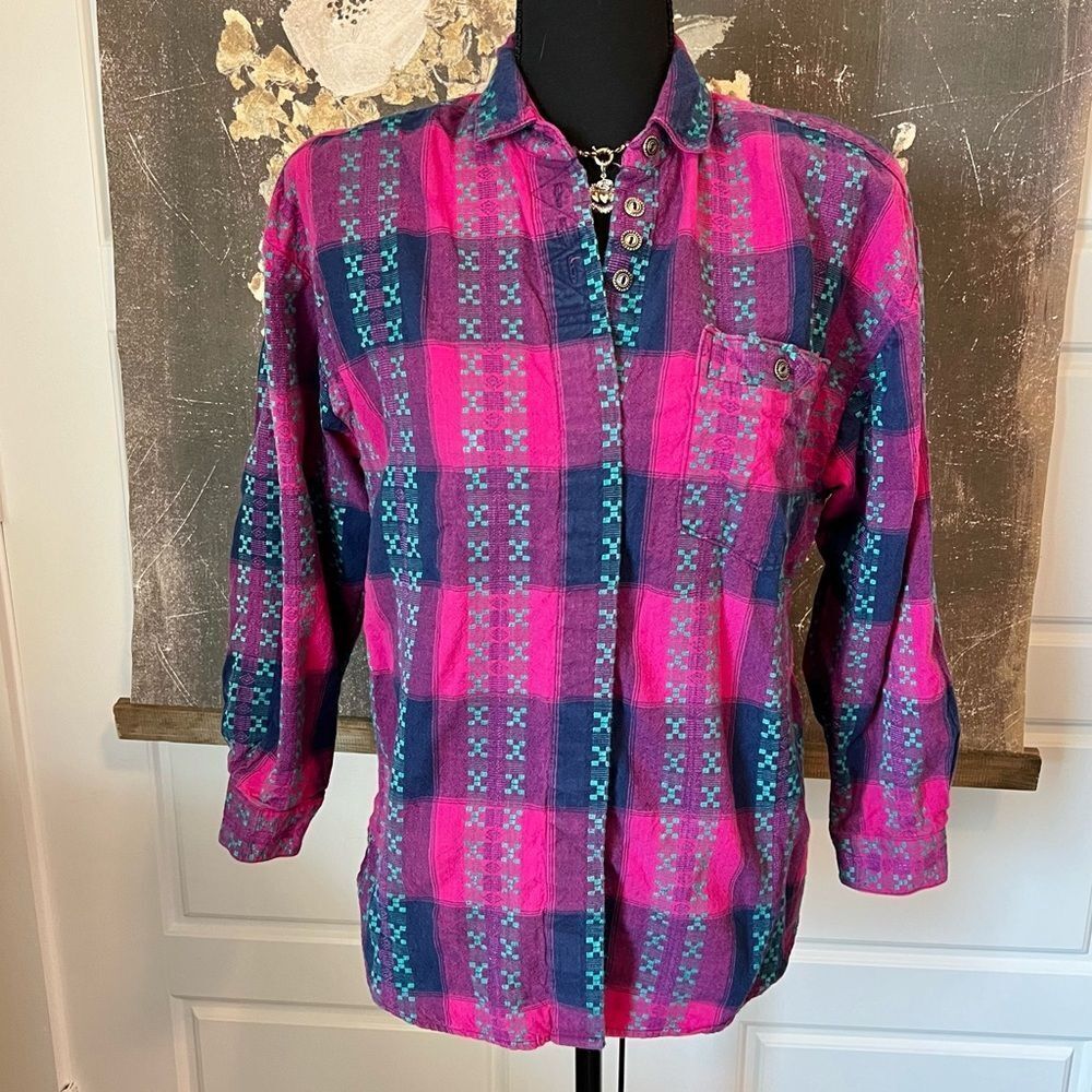 Must Have! 90s Vintage Pink Aqua Blue‎ Plaid Western Style Bottom Up Blouse Sz S